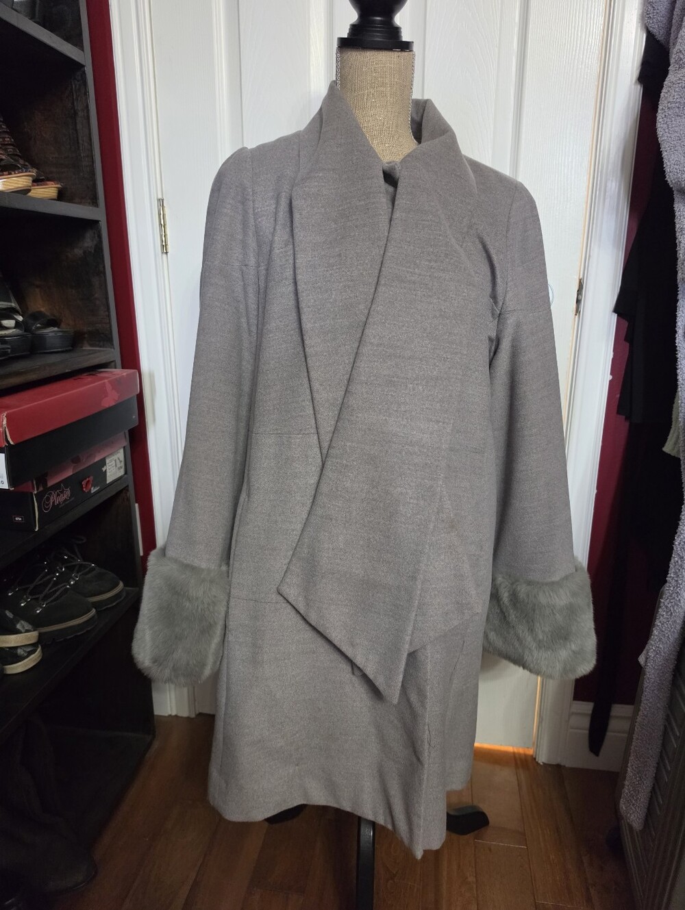 Jessica Gray Draped Trench Coat with Faux Fur Cuffs